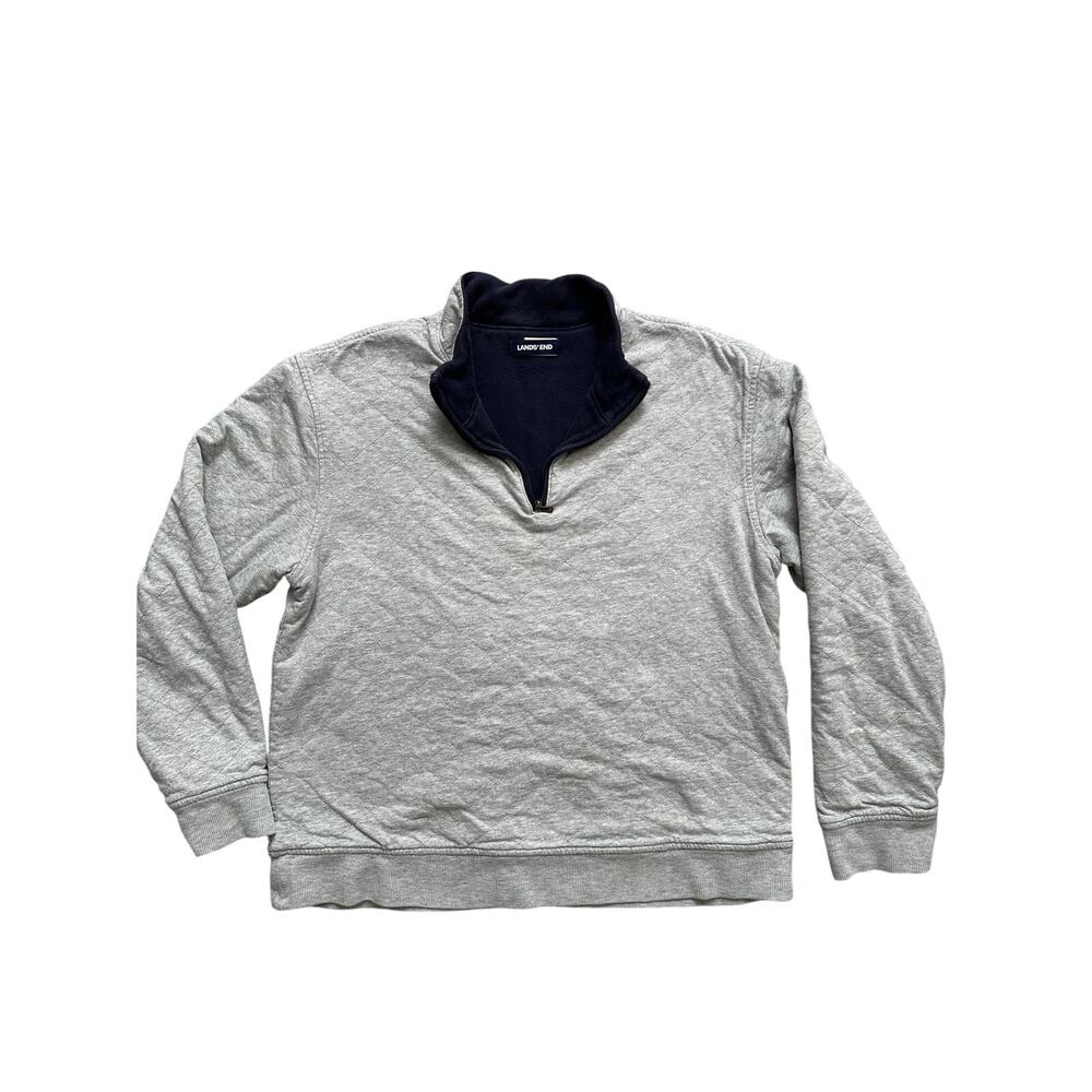 Lands End Quilted Quarter Zip Pullover Gray Navy Men’s Medium Sweater